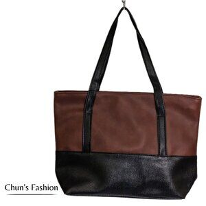 Women's Black & Brown Vegan Faux Leather Shoulder Tote Bag NWT